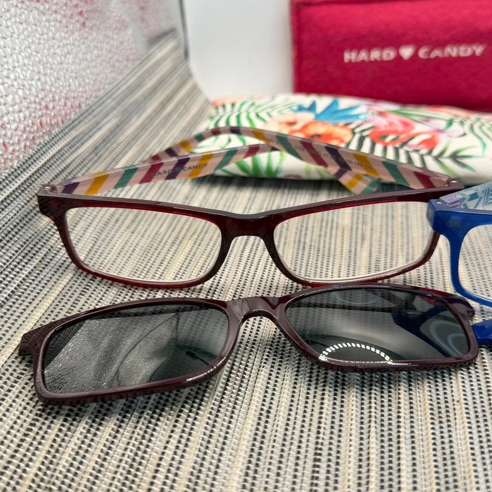 Hard Candy Reading Glasses Set 3 Pairs +1.50 Magnetic Sun Clips Cases Blue Pink